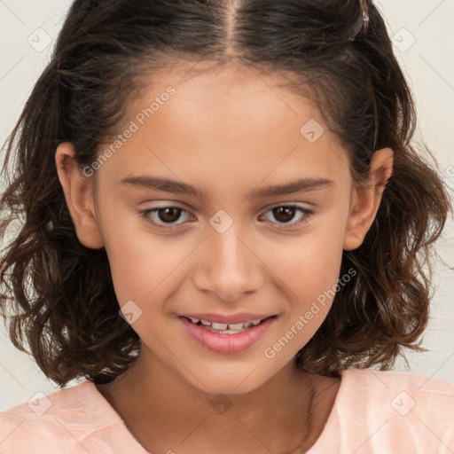 Joyful white child female with medium  brown hair and brown eyes