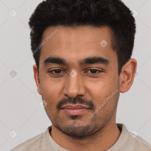 Neutral latino young-adult male with short  black hair and brown eyes