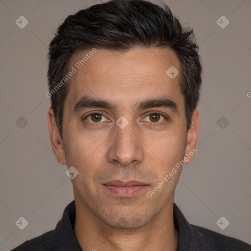 Neutral white adult male with short  brown hair and brown eyes