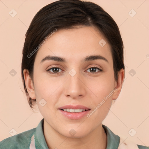 Joyful white young-adult female with medium  brown hair and brown eyes