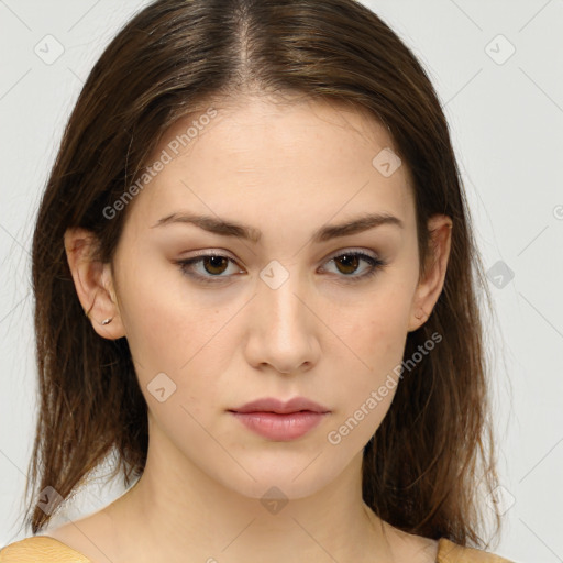 Neutral white young-adult female with medium  brown hair and brown eyes