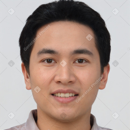 Joyful asian young-adult male with short  black hair and brown eyes