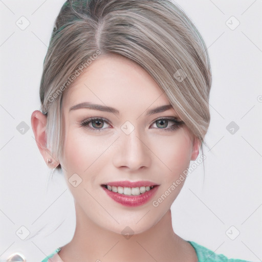 Joyful white young-adult female with medium  brown hair and blue eyes