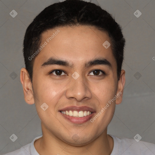 Joyful latino young-adult male with short  brown hair and brown eyes