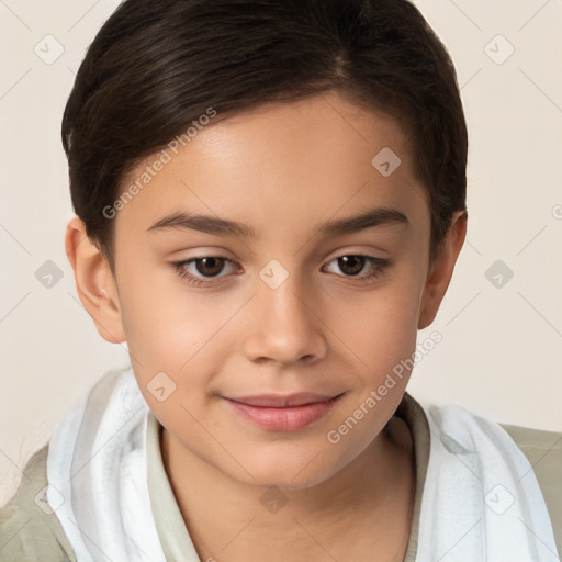 Joyful white child female with short  brown hair and brown eyes