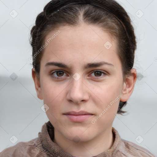 Neutral white young-adult female with short  brown hair and brown eyes