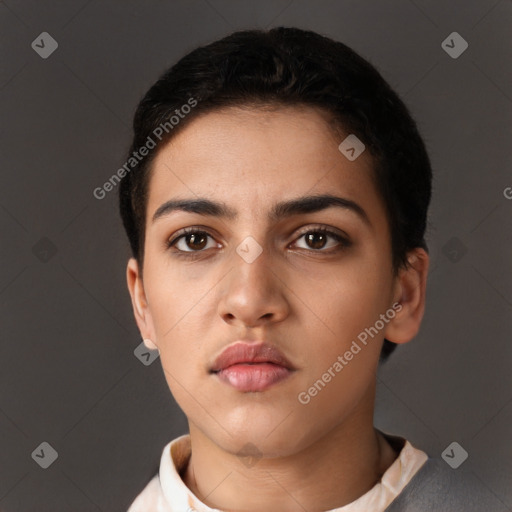 Neutral latino young-adult female with short  brown hair and brown eyes