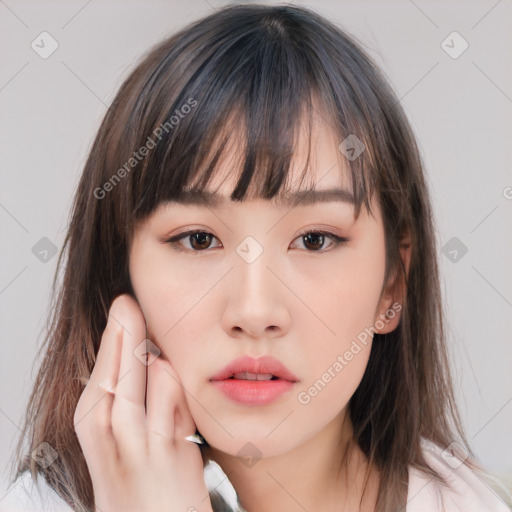 Neutral white young-adult female with medium  brown hair and brown eyes