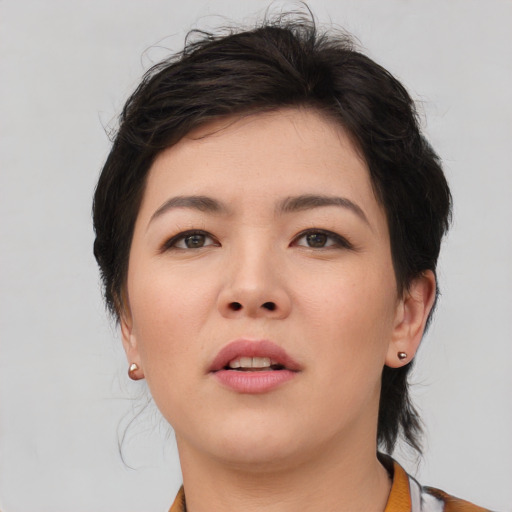 Neutral asian young-adult female with medium  brown hair and brown eyes