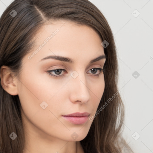 Neutral white young-adult female with long  brown hair and brown eyes