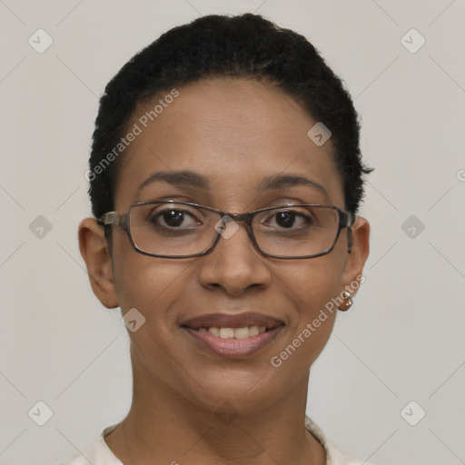 Joyful black adult female with short  brown hair and brown eyes