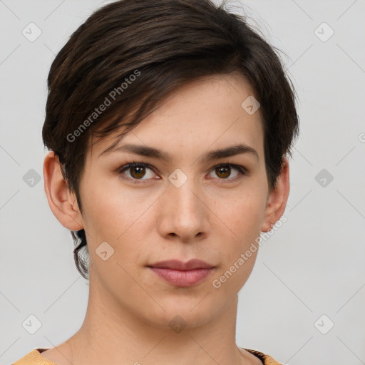 Neutral white young-adult female with short  brown hair and brown eyes