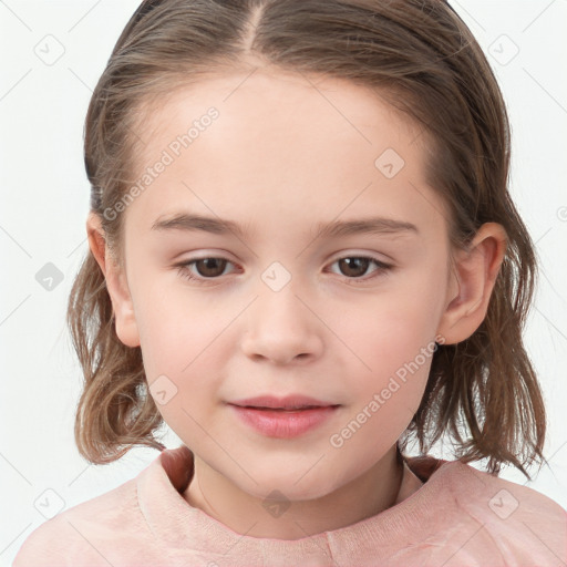 Joyful white child female with medium  brown hair and brown eyes