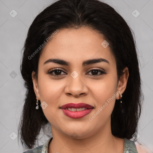 Joyful latino young-adult female with medium  brown hair and brown eyes