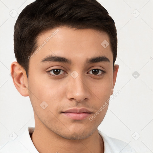 Neutral white young-adult male with short  brown hair and brown eyes