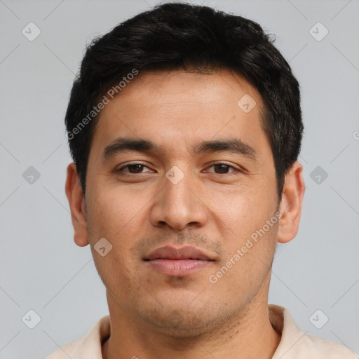 Neutral asian young-adult male with short  black hair and brown eyes