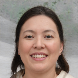 Joyful white adult female with medium  brown hair and brown eyes