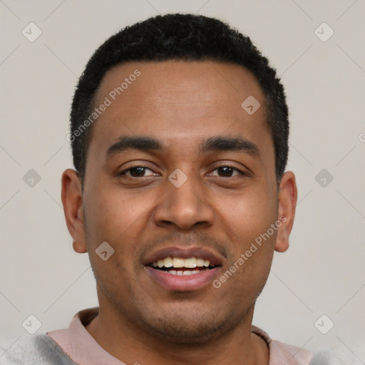 Joyful black young-adult male with short  black hair and brown eyes