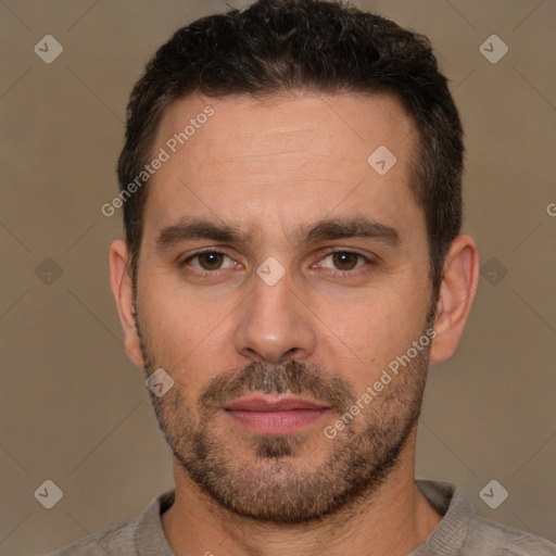 Neutral white adult male with short  brown hair and brown eyes