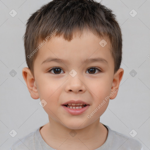 Joyful white child male with short  brown hair and brown eyes