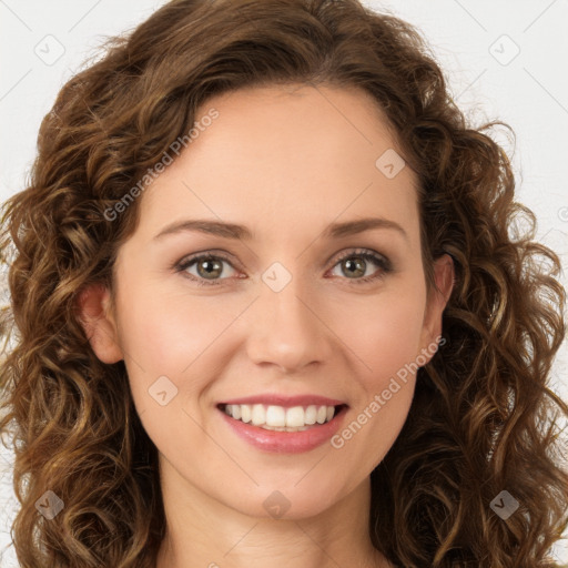 Joyful white young-adult female with long  brown hair and green eyes