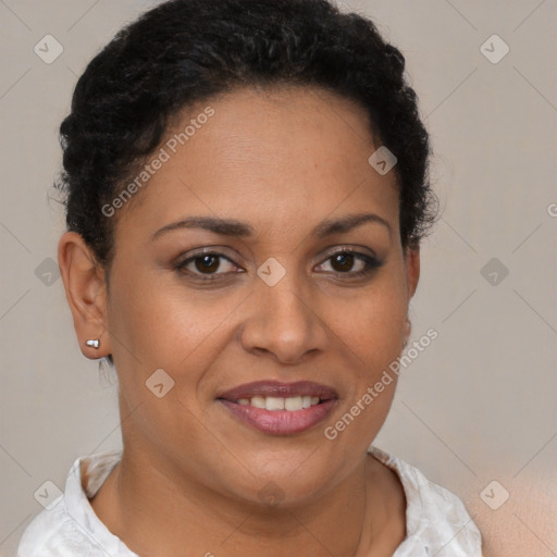 Joyful latino young-adult female with short  brown hair and brown eyes