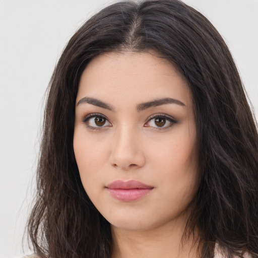 Neutral asian young-adult female with long  brown hair and brown eyes