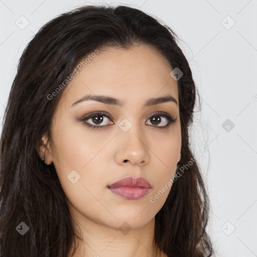 Neutral latino young-adult female with long  brown hair and brown eyes