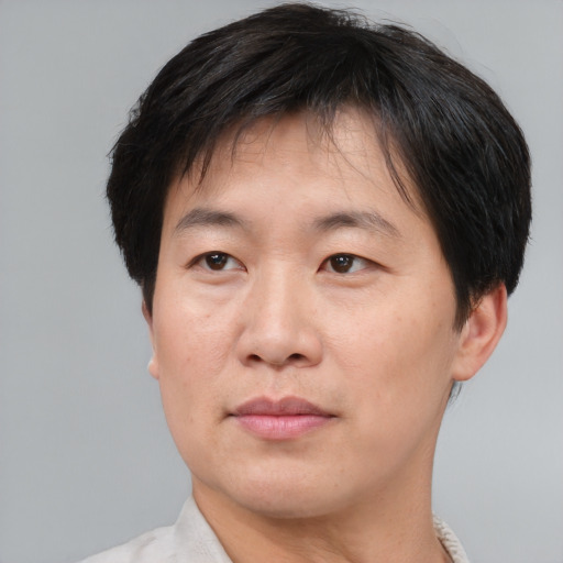 Joyful asian adult male with short  brown hair and brown eyes