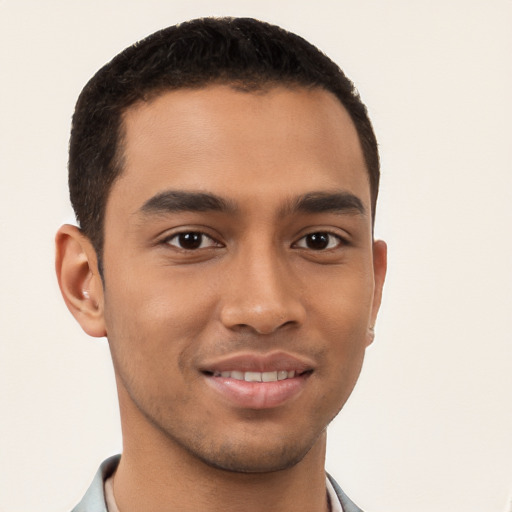 Joyful latino young-adult male with short  brown hair and brown eyes