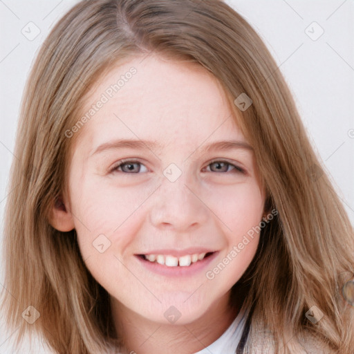 Joyful white young-adult female with long  brown hair and blue eyes