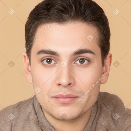 Neutral white young-adult male with short  brown hair and brown eyes