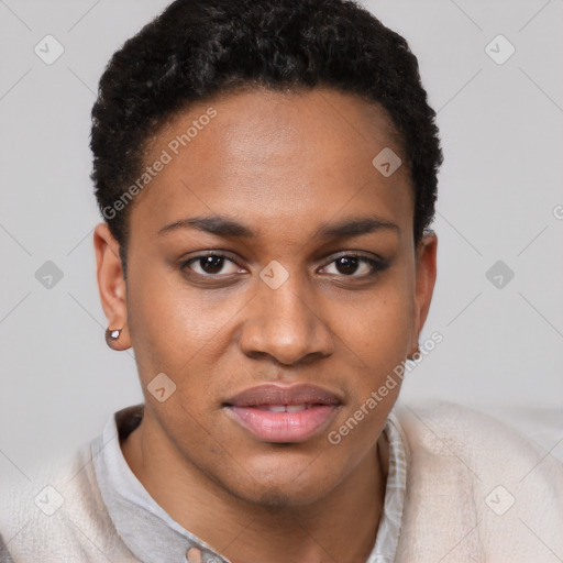 Joyful black young-adult female with short  brown hair and brown eyes