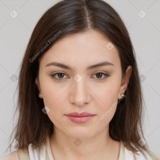 Neutral white young-adult female with medium  brown hair and brown eyes