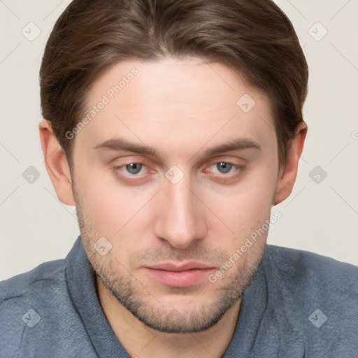 Neutral white young-adult male with short  brown hair and grey eyes