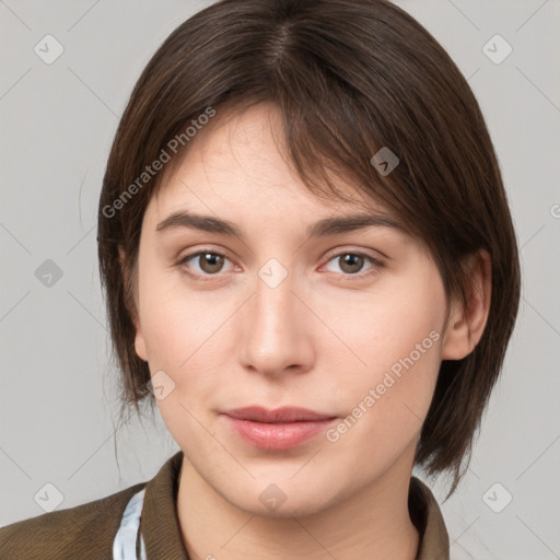 Neutral white young-adult female with medium  brown hair and brown eyes