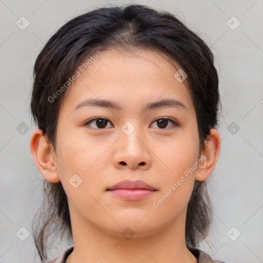 Neutral asian young-adult female with medium  brown hair and brown eyes