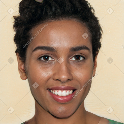 Joyful white young-adult female with short  black hair and brown eyes