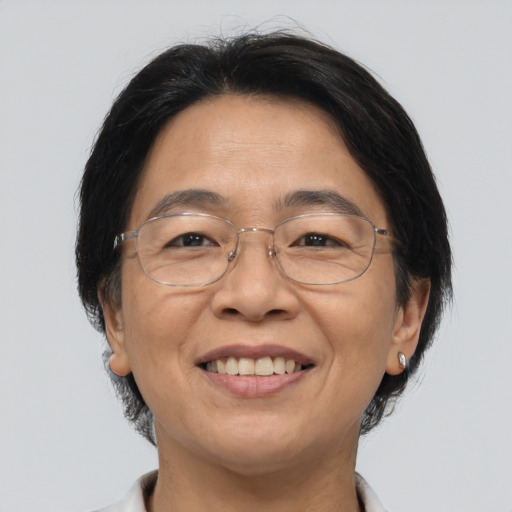 Joyful asian adult female with medium  brown hair and brown eyes