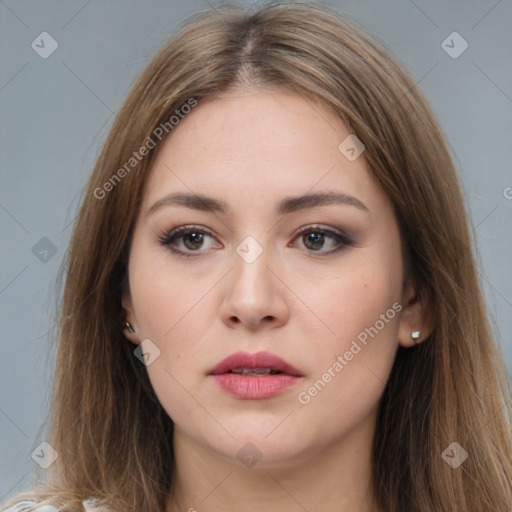 Neutral white young-adult female with long  brown hair and brown eyes