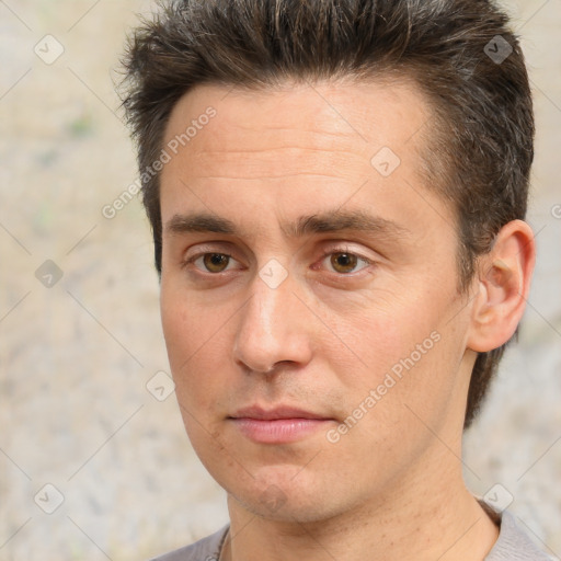 Neutral white adult male with short  brown hair and brown eyes