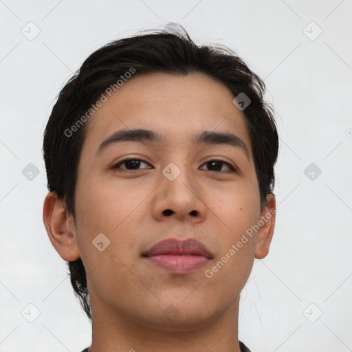 Neutral asian young-adult male with short  brown hair and brown eyes