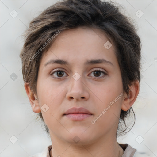 Neutral white young-adult female with short  brown hair and brown eyes