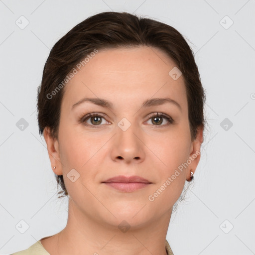 Neutral white young-adult female with short  brown hair and brown eyes