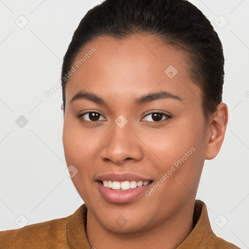 Joyful white young-adult female with short  brown hair and brown eyes