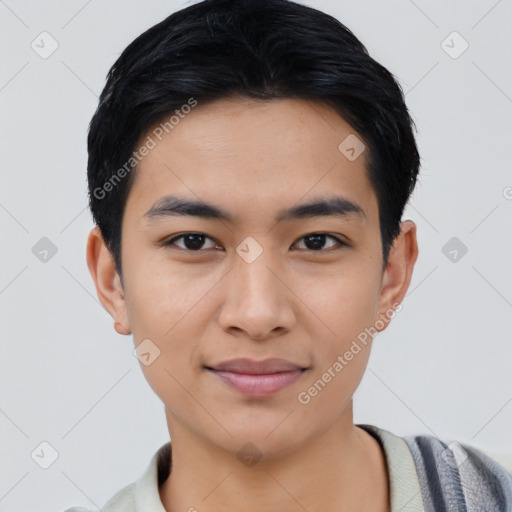 Joyful asian young-adult male with short  black hair and brown eyes