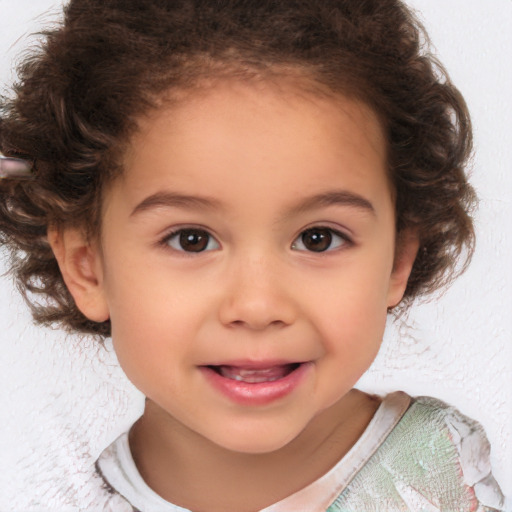 Joyful white child female with short  brown hair and brown eyes