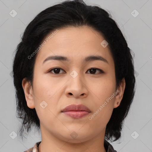 Neutral asian young-adult female with medium  brown hair and brown eyes