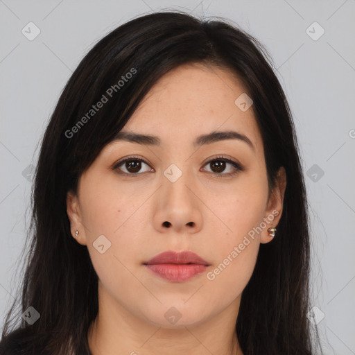 Neutral asian young-adult female with long  brown hair and brown eyes