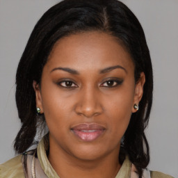 Neutral latino young-adult female with medium  brown hair and brown eyes
